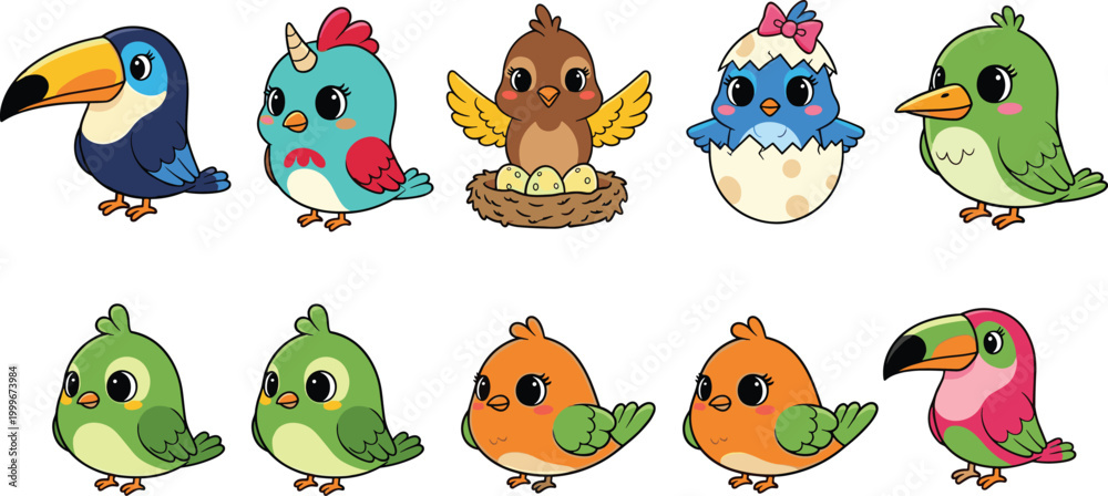 Obraz premium Cute cartoon birds vector set featuring colorful chicks, toucan and nest scene, adorable animal characters collection for kids illustration and nursery design