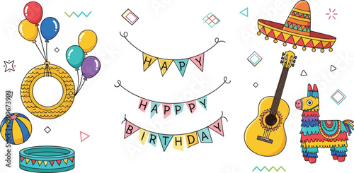 Birthday party and fiesta vector set featuring balloons, banners, guitar, sombrero and piñata, festive celebration illustration collection for event design