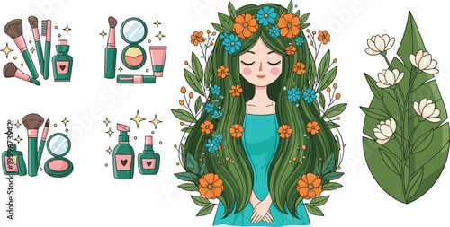 Natural beauty and cosmetics vector set featuring girl with floral hair, makeup products and botanical elements, skincare and self care illustration collection