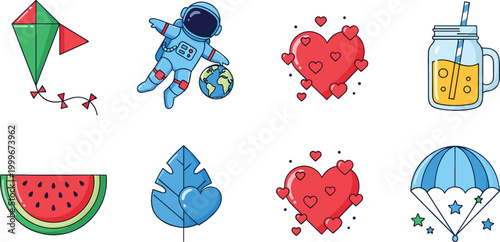 Cute random objects vector set featuring astronaut, kite, hearts, watermelon, parachute and drink jar, playful illustration collection for kids design and stickers
