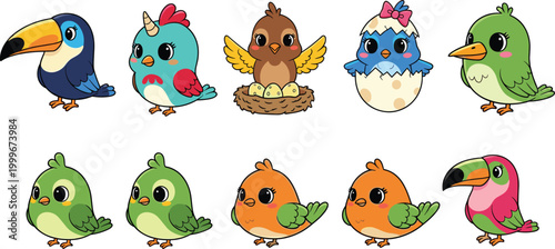 Cute cartoon birds vector set featuring colorful chicks, toucan and nest scene, adorable animal characters collection for kids illustration and nursery design