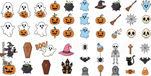 Halloween icons vector set featuring ghosts, pumpkins, witches, skulls, bats and spooky elements, cute cartoon collection for holiday decoration and festive design