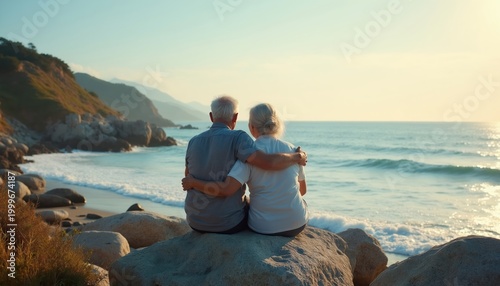 Elderly couple sits on rocks embracing, viewing ocean at sunset. Couple enjoys quiet moment, happy retirement, romantic bond, seaside relaxation, peaceful vacation.