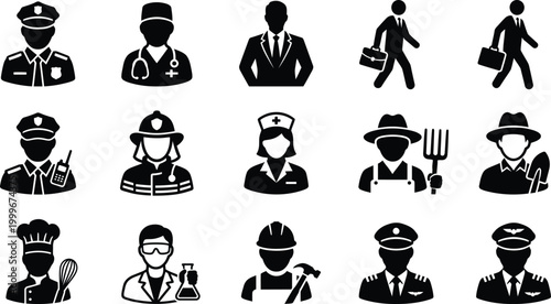 Professional occupation icon set. People silhouettes with different professions including doctor, police, chef, and engineer. Vector avatar symbols.