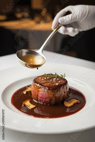 a perfectly cooked medium-rare steak garnished with herbs, drizzled with rich, dark sauce, served on a white plate with caramelized onions