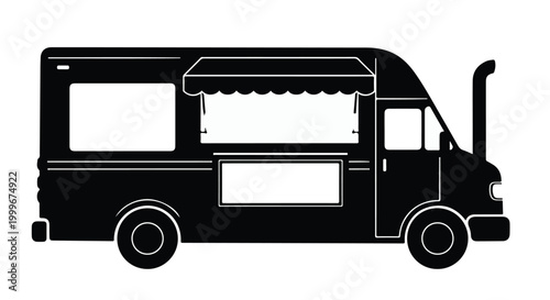 Food truck vehicle serving street food in urban setting with awning and serving window, modern black silhouette