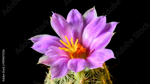 Beautiful purple cactus flower in full bloom against a black background