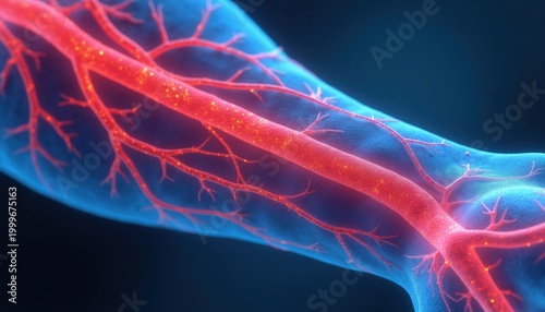 Close up view of a human circulatory system showing arterial and venous network. Blood vessels glow red within blue translucent tissue indicating health or disease.