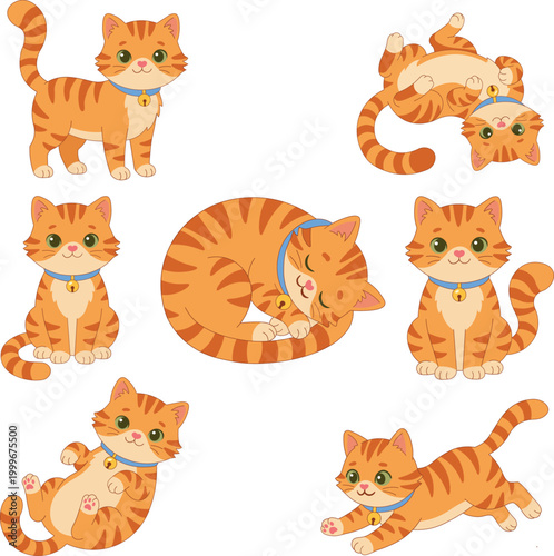 Set of Cute Ginger Orange Tabby Cat Cartoon Characters in Various Poses