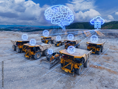 Photos Group of heavy haul trucks with ai steering icons and neural network overlay for