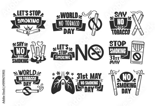 No Smoking Awareness Badges Set Cartoon