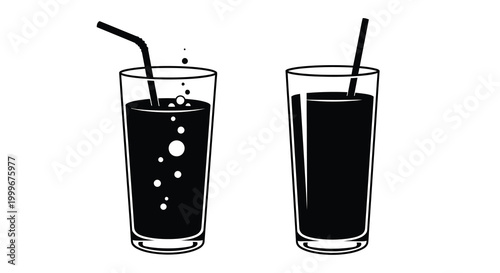 Two glasses of soda with straws black and white silhouette