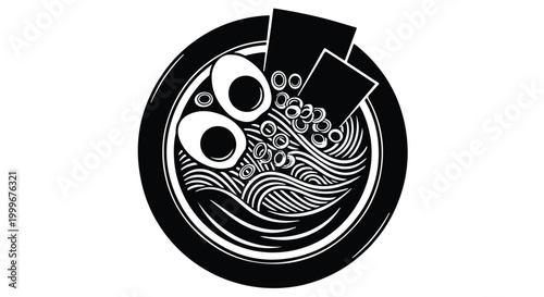 Black and white illustration of bowl of ramen noodles with boiled egg and seaweed in modern minimalist style for food and culinary concept