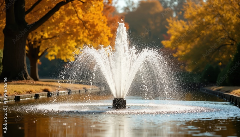 Fototapeta premium Park fountain sprays water amidst autumn trees with golden yellow leaves. Water droplets sparkle in soft sunlight reflecting on pond surface. Peaceful nature scene evokes calm.