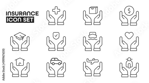 Minimalist Insurance Icon Set Featuring Life, Auto, Home, Health, and Financial Protection Symbols