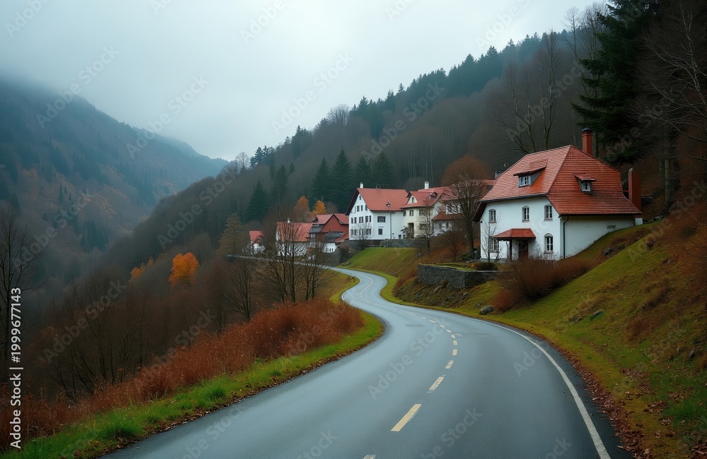 Fototapeta premium Winding asphalt road leads through german village with white houses and red roofs on a misty autumn day. Forested mountainsides surround the quiet countryside.