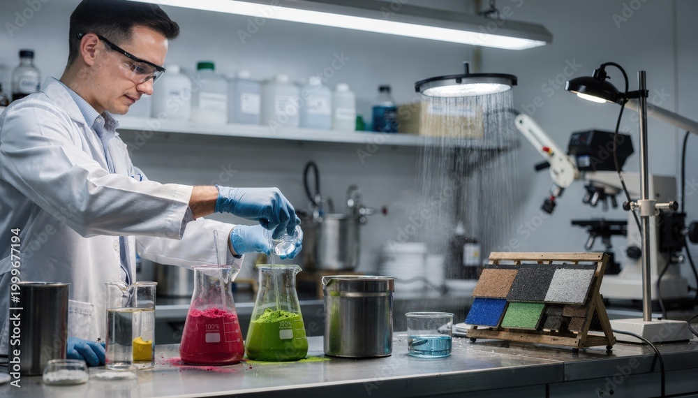 Fototapeta premium Close medium shot of an expert adjusting the formulation process of inorganic pigments for roof coatings that protect against sunlight and moisture exposure.