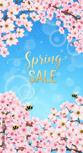Illustration of pink dogwood blooms and bees against a blue background, reading Spring Sale in gold, representing seasonal offers and renewal