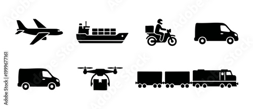 Logistics and Transportation Icons Set - Shipping and Delivery Vector Symbols for E-commerce, Supply Chain, Global Cargo, Courier Service, Freight Management, Business Distribution, and Warehouse Oper