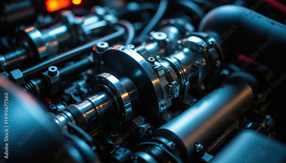 Naklejka premium Close up of complex car engine internal parts. Precision engineered metal components work together. Advanced auto technology boosts performance power output.