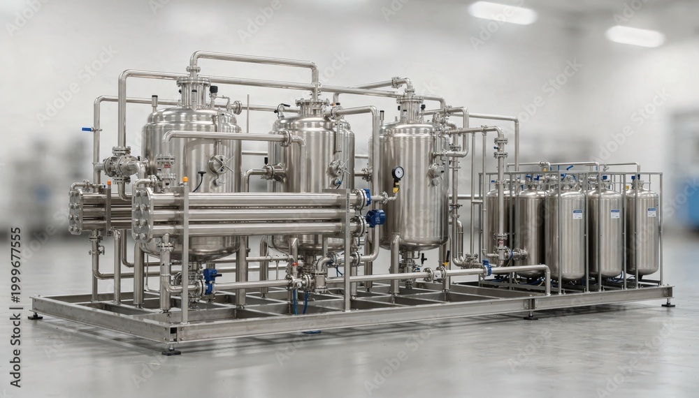 Fototapeta premium Medium shot of a compact solution polymerization skid featuring interconnected solventbased reactors and heat exchangers with solvent tanks highlighting efficient space