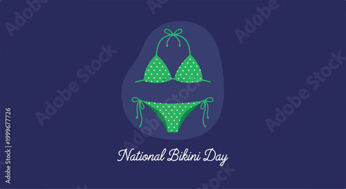 Celebrating National Bikini Day with a woman wearing a green bikini swimsuit on a dark background