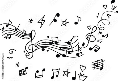 Hand drawn Whimsical musical notes and symbols a black and white composition