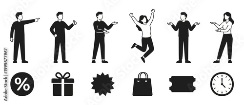 People Set Showing Icons for Shopping and Sales Presentation. Diverse Characters Pointing, Presenting and Celebrating with Gift, Discount, Clock and Shopping Bag Elements in Minimalist Flat Black Desi