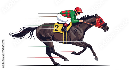 Fast thoroughbred horse and jockey racing on a track during a competitive horse race event