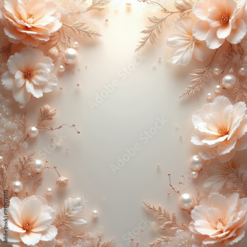 Delicate floral pattern with soft peach flowers, pearls and gold branches. Elegant feminine background for cards, invitations, and beauty products. Gentle airy decor.
