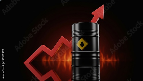 Rising oil prices: crude oil barrel with upward trending red arrow graph