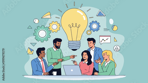 Group of colleagues collaborating on a laptop for creative solutions. Concept for innovation, teamwork, startup ideation, and collective intelligence in the office.