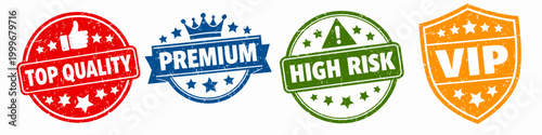 Set of grunge-style rubber stamp badges on transparent background: Top Quality, Premium, High Risk and VIP labels in red, blue, green and orange colors.