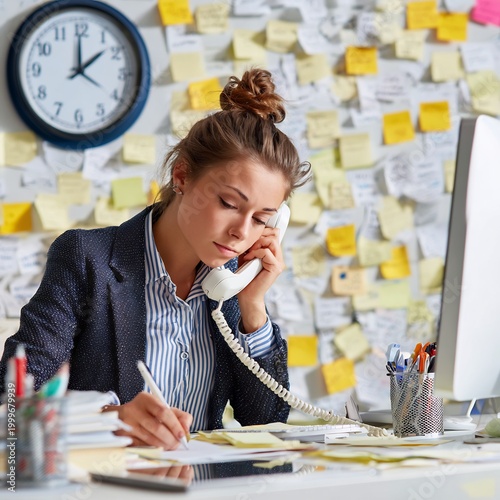 Focused professional woman multitasking with phone call and note-taking amidst a vibrant, cluttered office environment, showcasing dedication and efficient workflow.