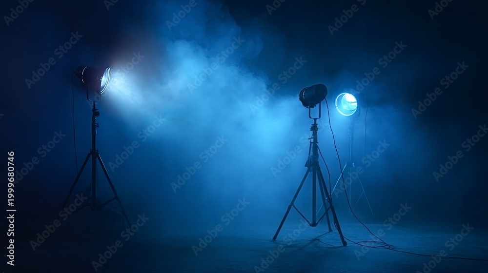 Fototapeta premium Studio spotlights with tripods creating intense blue lighting through diffused smoke and fog on a dark stage, setting a mood for a performance or production