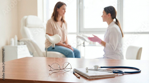 Doctor consulting with patient in examination room, stethoscope and glasses on table