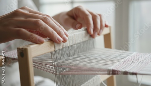 Close-up of artisan hands weaving fabric on a small wooden handloom