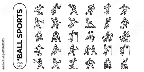 Global Ball Sports Bold Line Icons-Soccer Basketball Rugby Volleyball Baseball Cricket Handball Polo Sepak Takraw Netball Gaelic-25 Ball Sports Icon Set Vector