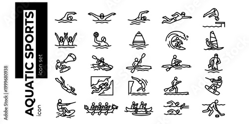 Aquatic Water Sports Bold Line Icons-Swimming Diving Surfing Windsurfing Kayaking Rowing Triathlon Freediving SUP Waterpolo Kitesurfing-25 Aquatic Sports Icon Set Vector