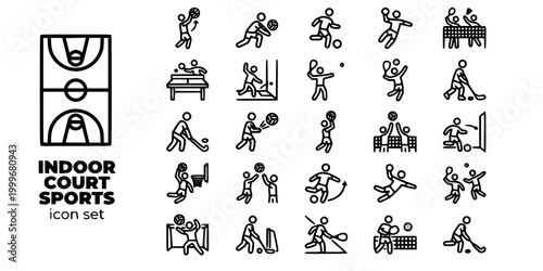 Indoor Court Sports Bold Line Icons-Basketball Volleyball Futsal Handball Badminton Squash Pickleball Floorball Netball Indoor Soccer-25 Court Sports Icon Set Vector