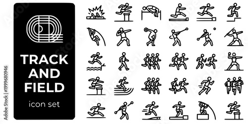Track Field Athletics Bold Line Icons-Sprint Hurdles High Jump Long Jump Triple Jump Pole Vault Shot Put Discus Hammer Javelin Marathon-25 Athletics Icon Set Vector