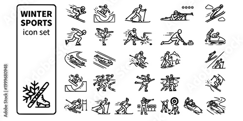 Winter Ice Sports Bold Line Icons-Alpine Skiing Snowboard Biathlon Ski Jump Speed Skating Figure Skating Curling Luge Skeleton-25 Winter Sports Icon Set Vector