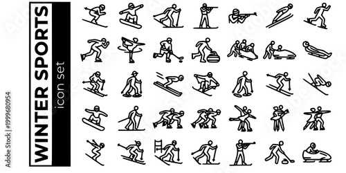 Winter Ice Sports Bold Line Icons-Alpine Skiing Snowboard Biathlon Ski Jump Speed Skating Figure Skating Curling Luge Skeleton-25 Winter Sports Icon Set Vector