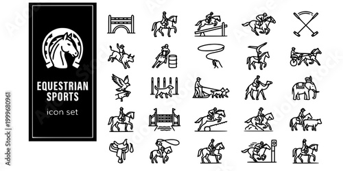 Equestrian Animal Sports Bold Line Icons-Show Jumping Dressage Eventing Racing Polo Rodeo Vaulting Falconry Sled Dog Camel-25 Equestrian Icon Set Vector