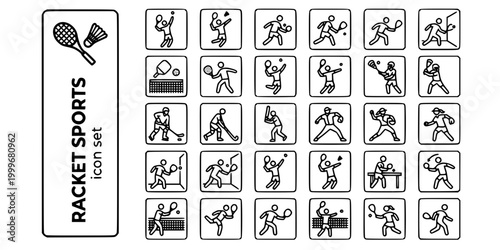 Racket Bat Sports Bold Line Icons-Tennis Badminton Table Tennis Squash Pickleball Padel Lacrosse Hockey Cricket Baseball-25 Racket Sports Icon Set Vector