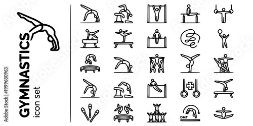 Gymnastics Acrobatics Bold Line Icons-Floor Vault High Bar Rings Pommel Beam Uneven Bars Rhythmic Trampoline Tumbling Acrobatic-25 Gymnastics Icon Set Vector