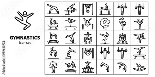 Gymnastics Acrobatics Bold Line Icons-Floor Vault High Bar Rings Pommel Beam Uneven Bars Rhythmic Trampoline Tumbling Acrobatic-25 Gymnastics Icon Set Vector