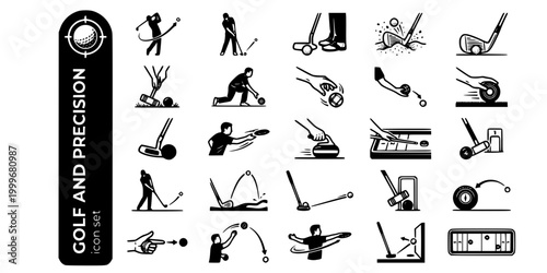 Golf Precision Stick Sports Bold Line Icons-Driver Iron Putter Bunker Chip Croquet Bowls Petanque Bocce Disc Golf Shuffleboard-25 Golf Precision Icon Set Vector