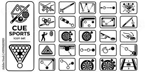 Billiards Cue Sports Bold Line Icons-Pool Snooker Carom Billiards Nine-Ball Eight-Ball Trick Shot Darts Masse Jump Shuffleboard-25 Cue Sports Icon Set Vector