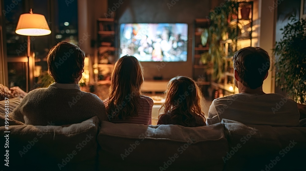 Naklejka premium Family enjoying a cozy evening by relaxing on the sofa, watching a movie or tv show on the screen, spending quality time and leisure in their living room